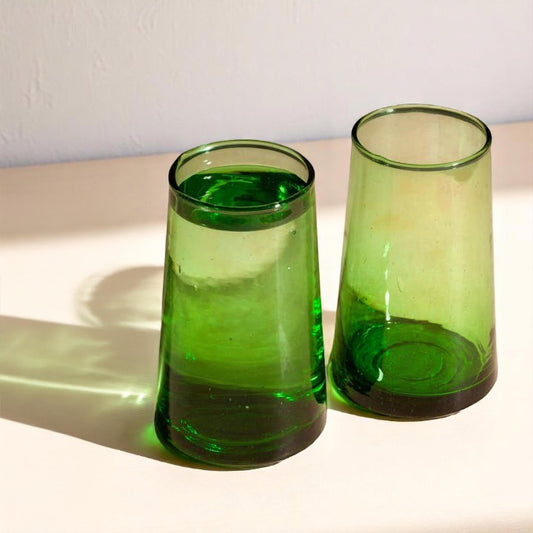 Green Tall Cone Moroccan Beldi Glasses set of 6 handmade artisan recycled glass