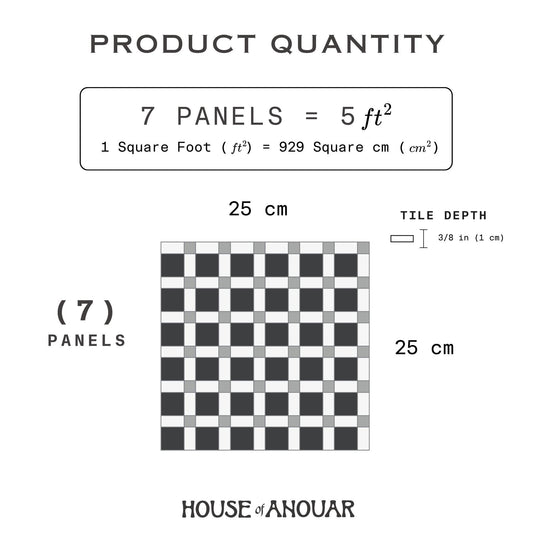 Zellige mosaic panel package coverage and dimensions diagram, House of Anouar