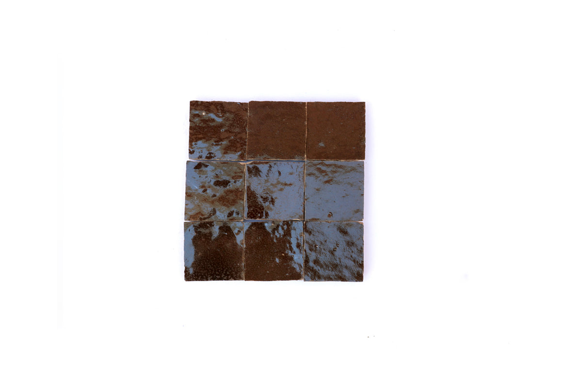 A 3x3 grid of handmade brown Zellige tiles by House of Anouar showing natural color variations