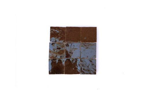A 3x3 grid of handmade brown Zellige tiles by House of Anouar showing natural color variations