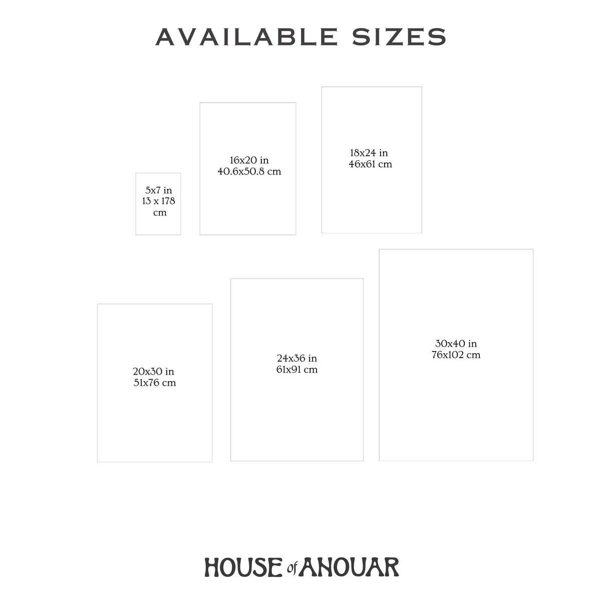 Available wall art print dimensions chart, House of Anouar