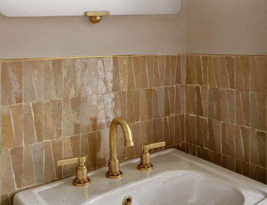 Beige trapezoid zellige tile bathroom wall, House of Anouar