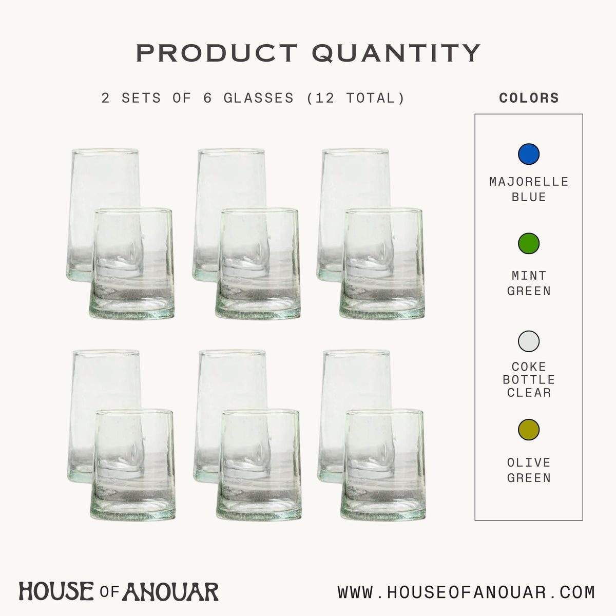 Beldi glassware bundle quantity and color guide, House of Anouar