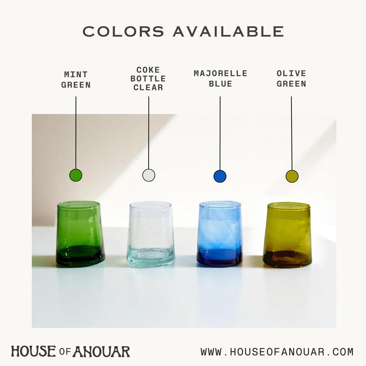 Beldi glassware color chart showing green, clear, blue and olive, House of Anouar