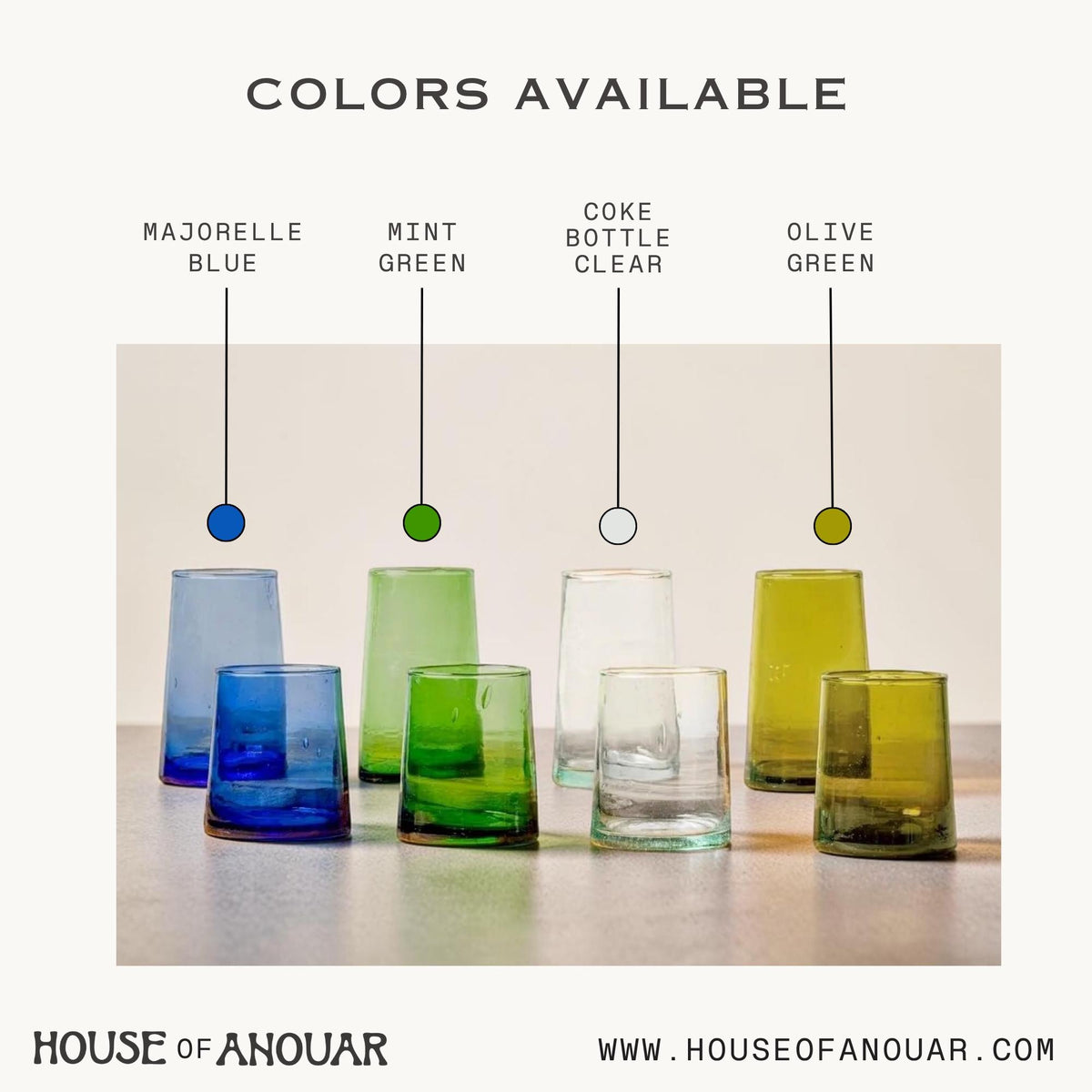 Beldi glassware color chart with blue, green, clear and olive glasses, House of Anouar