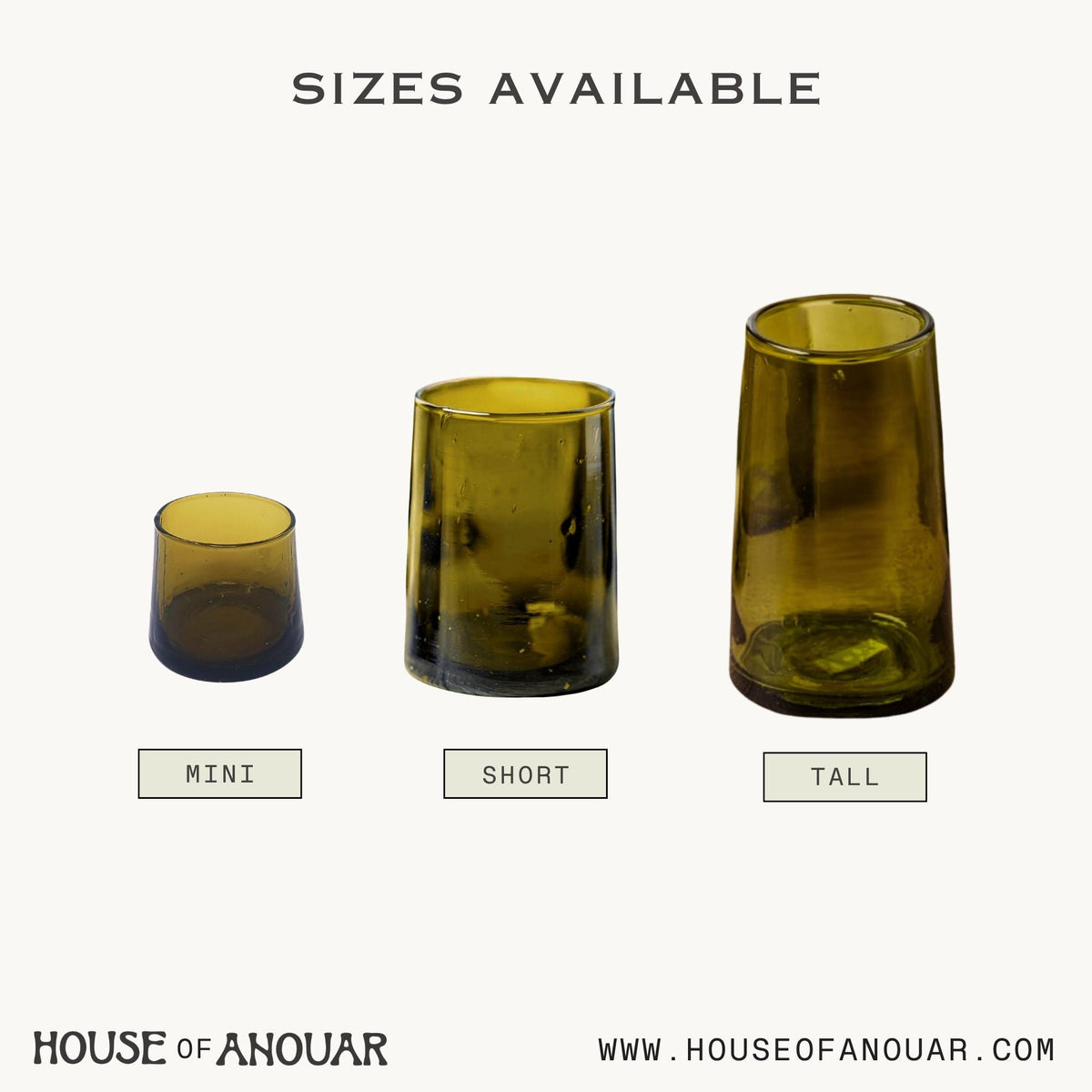 Beldi glassware size chart showing mini, short and tall glasses, House of Anouar