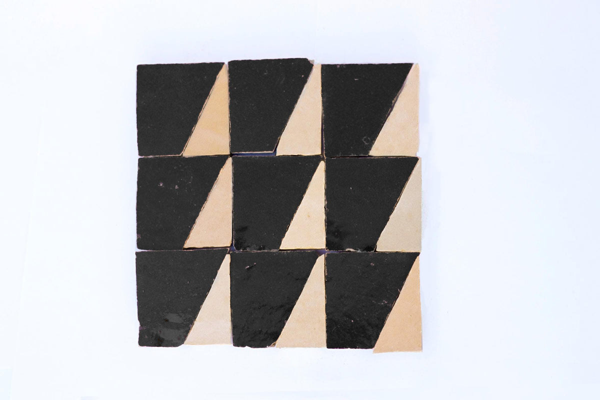 Black and natural triangle-cut zellige tile samples, House of Anouar