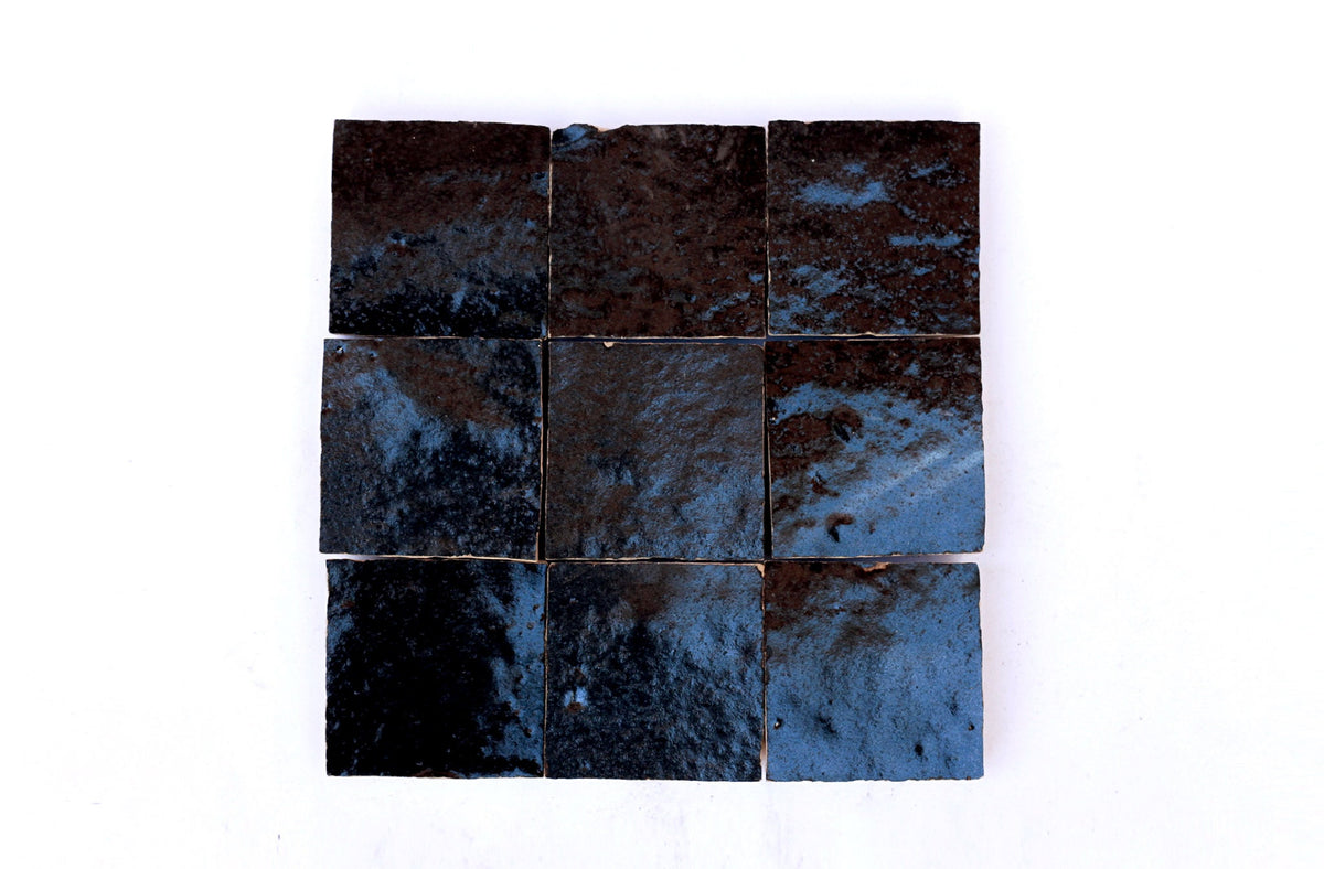 Black square Moroccan zellige tiles with varied glaze, House of Anouar
