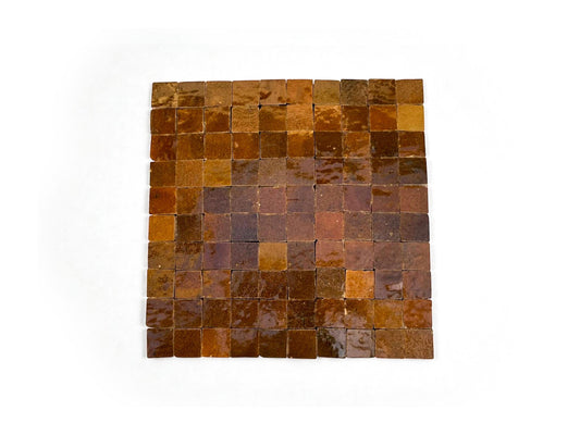 Brown and amber micro Zellige mosaic tile sheet in 25cm panel by House of Anouar