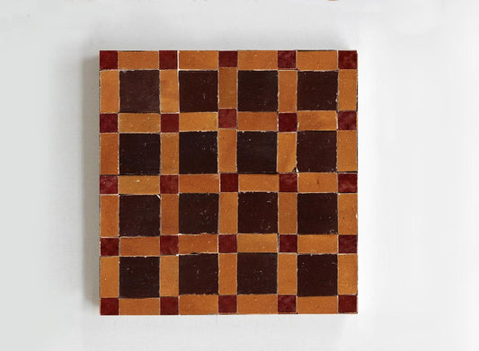 Brown and burgundy basket-weave zellige mosaic tile panel, House of Anouar