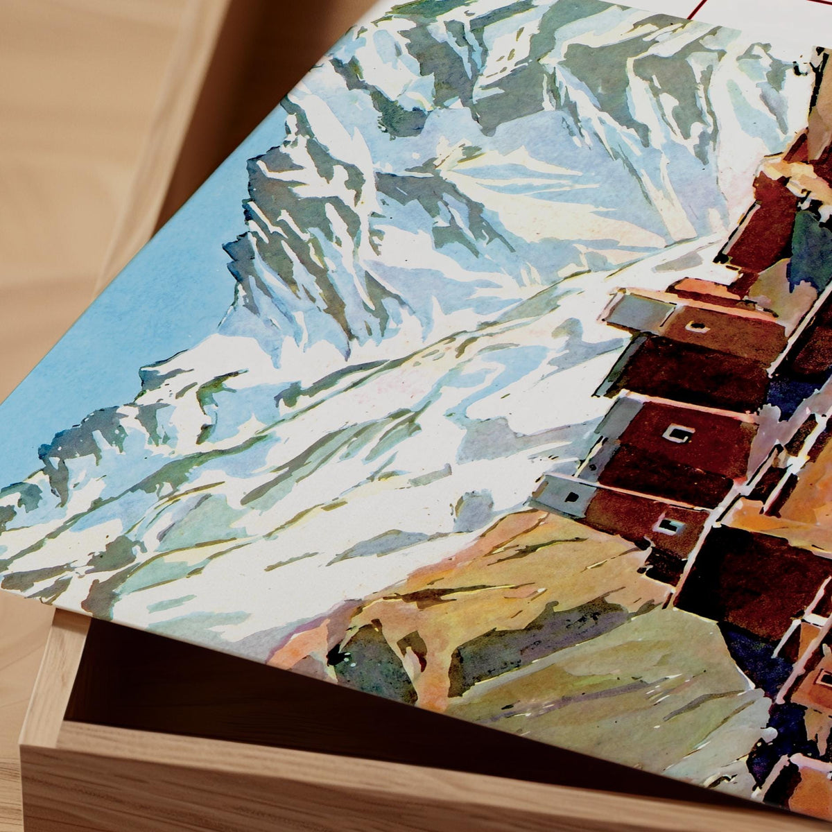 Close-up of a colorful landscape art print on paper, House of Anouar