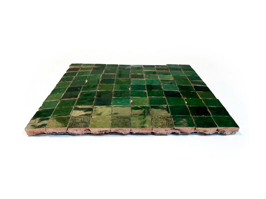 Dark green square micro Zellige mosaic tile sheet in a 25cm panel, House of Anouar