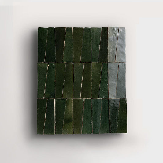 Dark-green trapezoid zellige mosaic tile panel, House of Anouar