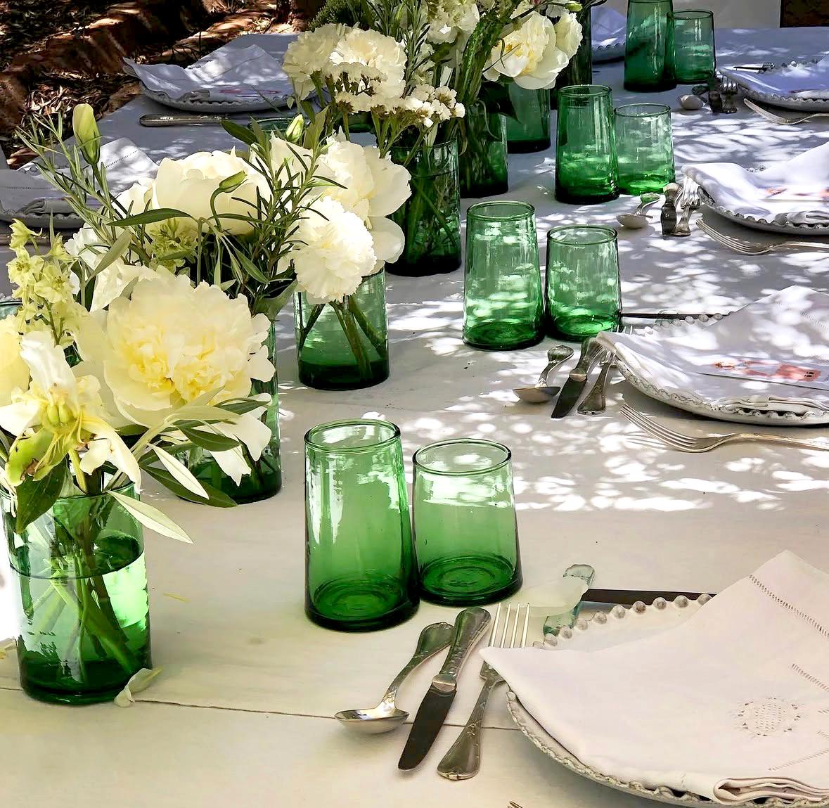 Green Beldi glasses on a wedding dining table, House of Anouar
