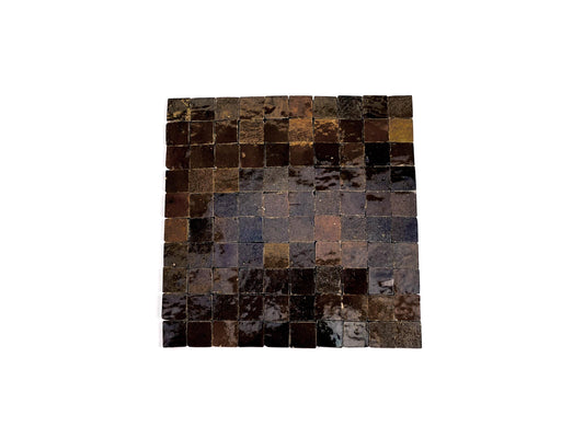 Handmade 1 inch square micro Zellige mosaic tile sheet in dark brown tones, House of Anouar