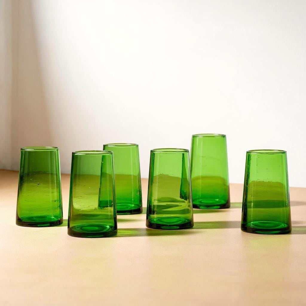 Green Tall Cone Moroccan Beldi Glasses set of 6 handmade artisan