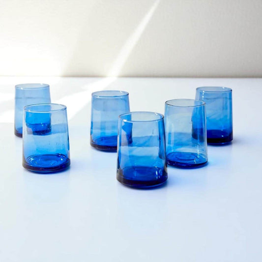 Cobalt Blue Short Cone Moroccan Beldi drinking glasses set of 6 handmade artisan recycled glass