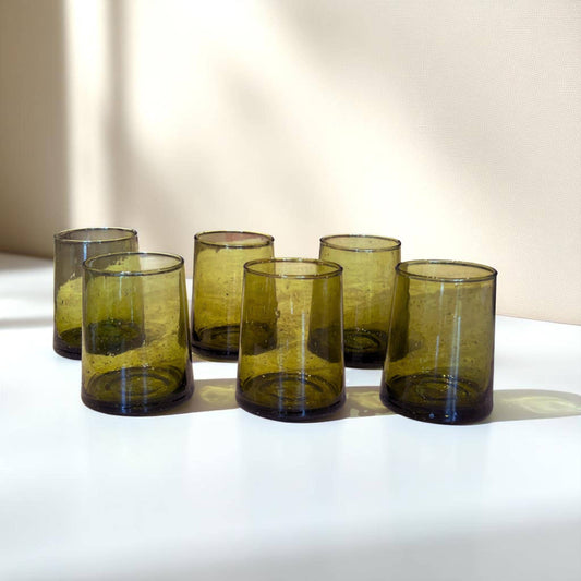 Olive Green Moroccan Short Beldi Glasses Set of 6 cone Handcrafted Recycled Drinking
