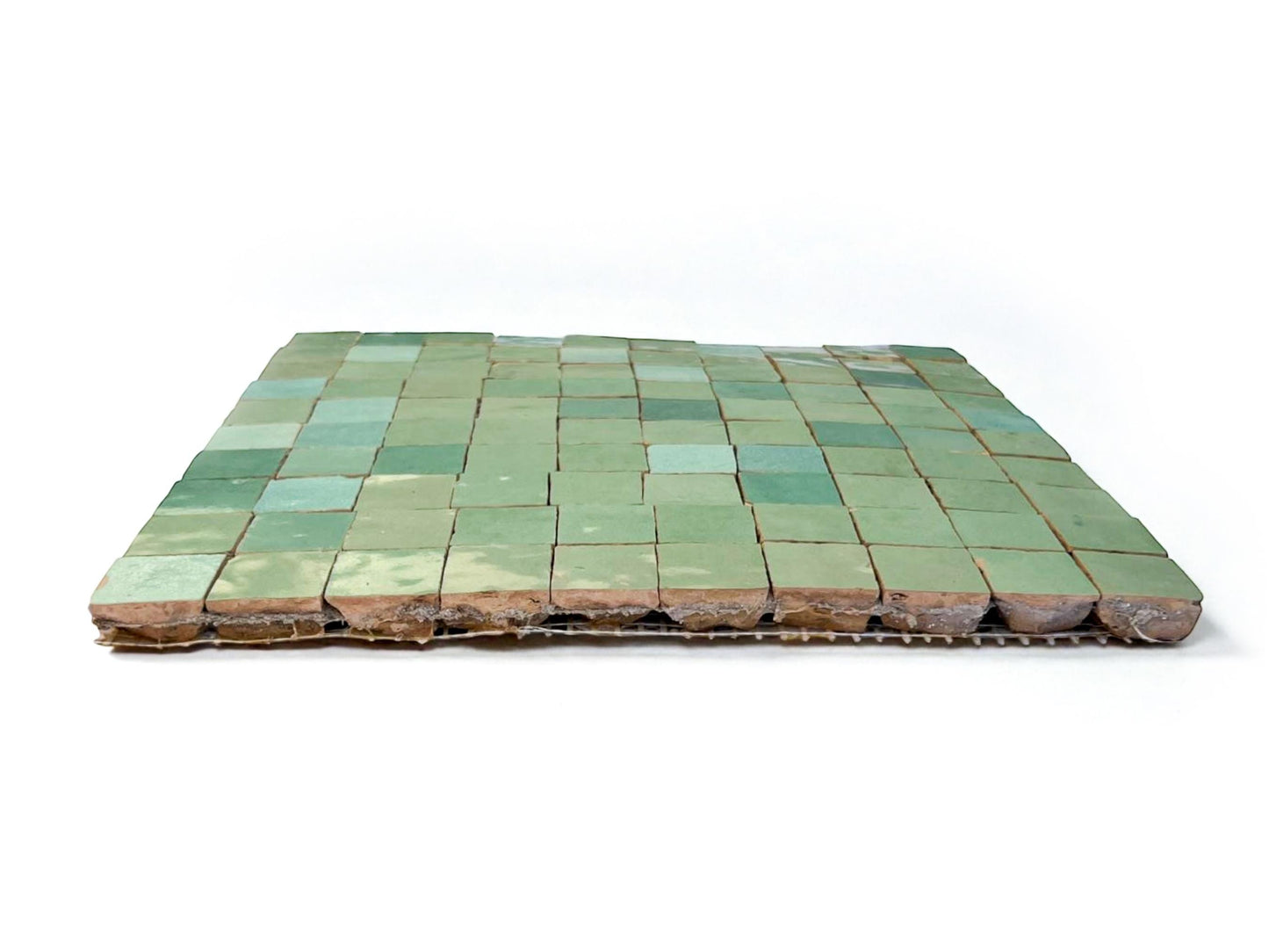1 in / 2.5 cm light green square micro Zellige mosaic tile sheet in 25cm panel