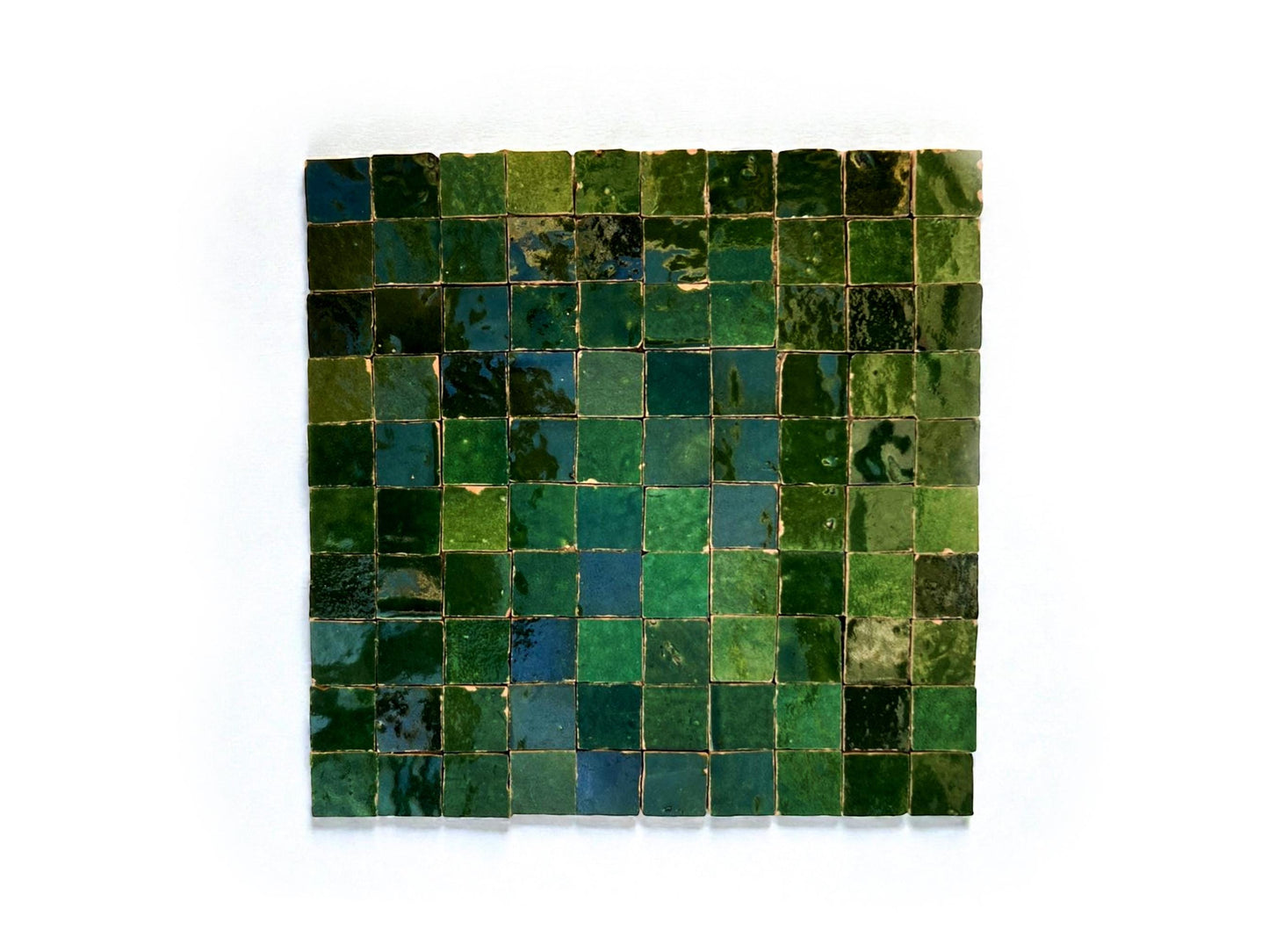 1 in / 2.5 cm dark green square micro Zellige mosaic tile sheet in 25cm panel