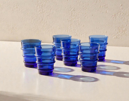 Blue Moroccan ribbed Beldi drinking glasses set of 6 handmade artisan recycled glass