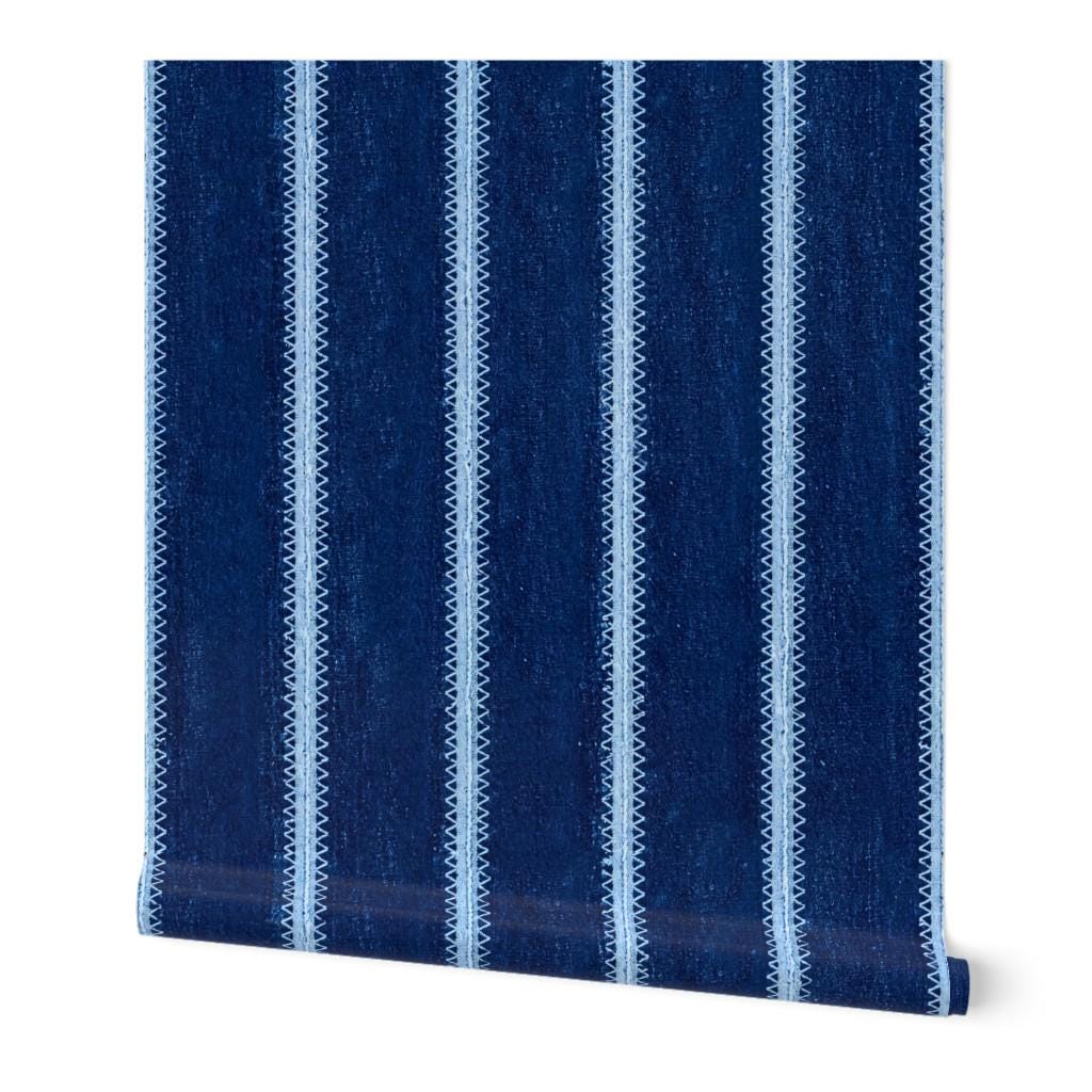 Indigo Blue Striped Wallpaper Zigzag Stripe Removable Moroccan African Mudcloth Boho fabric Wallpaper Shibori Tie-Dye Textile Peel & Stick