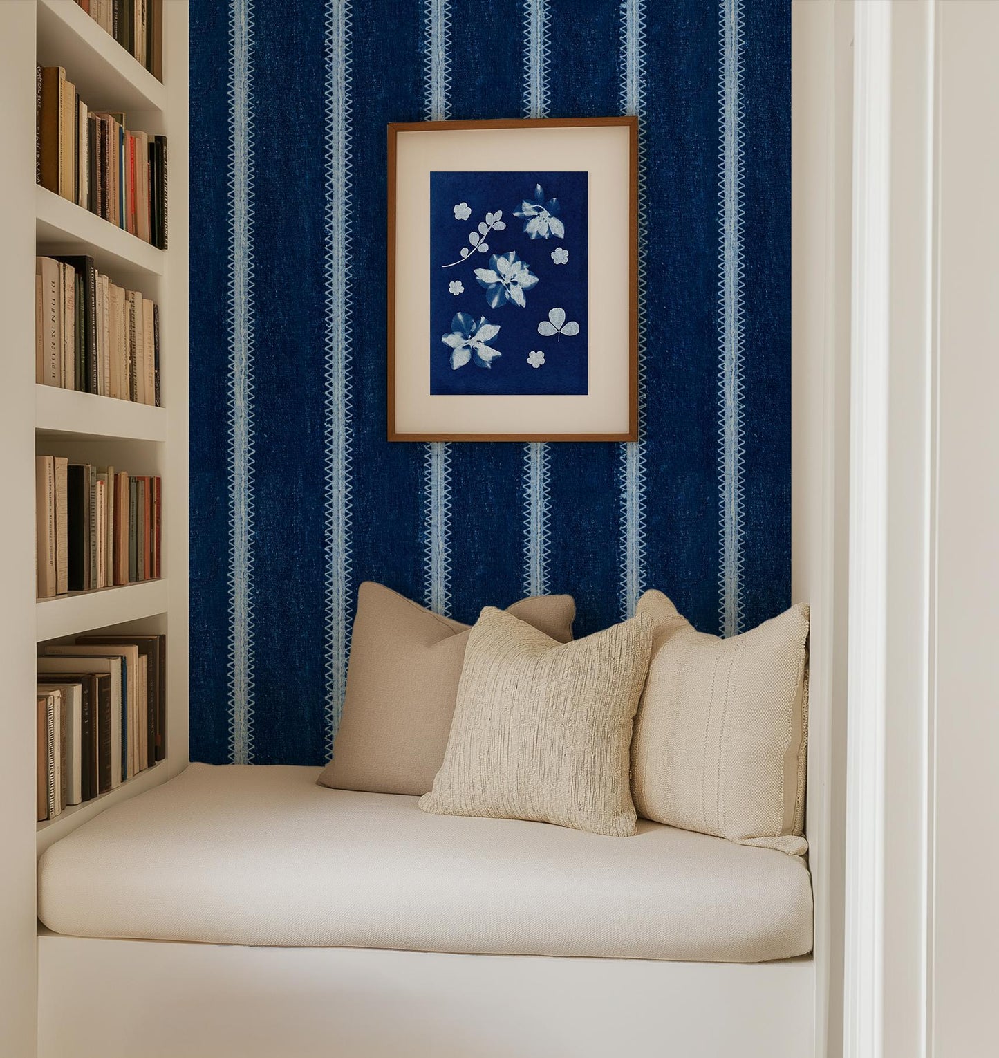 Indigo Blue Striped Wallpaper Zigzag Stripe Removable Moroccan African Mudcloth Boho fabric Wallpaper Shibori Tie-Dye Textile Peel & Stick