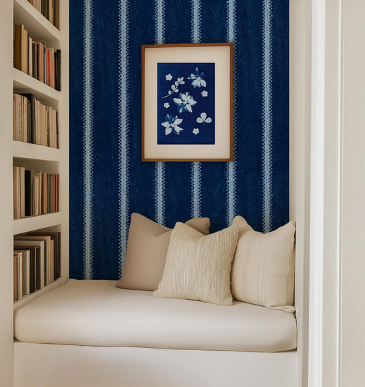 Indigo Blue Striped Wallpaper Zigzag Stripe Removable Moroccan African Mudcloth Boho fabric Wallpaper Shibori Tie-Dye Textile Peel & Stick