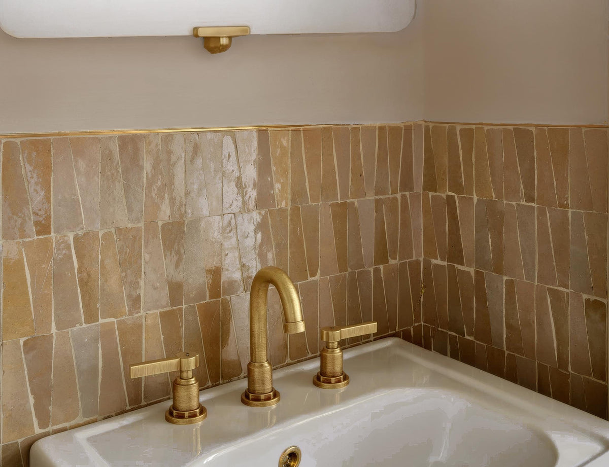 5 sqft Beige Trapezoid Zellige Mosaic Tile Panels, Handmade Moroccan Tile Sheet for Bathroom Backsplash Wall