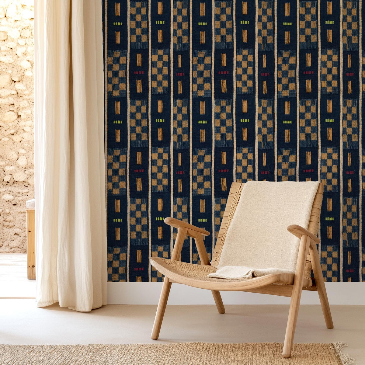 Indigo Baule checkered wallpaper behind a wooden lounge chair, House of Anouar