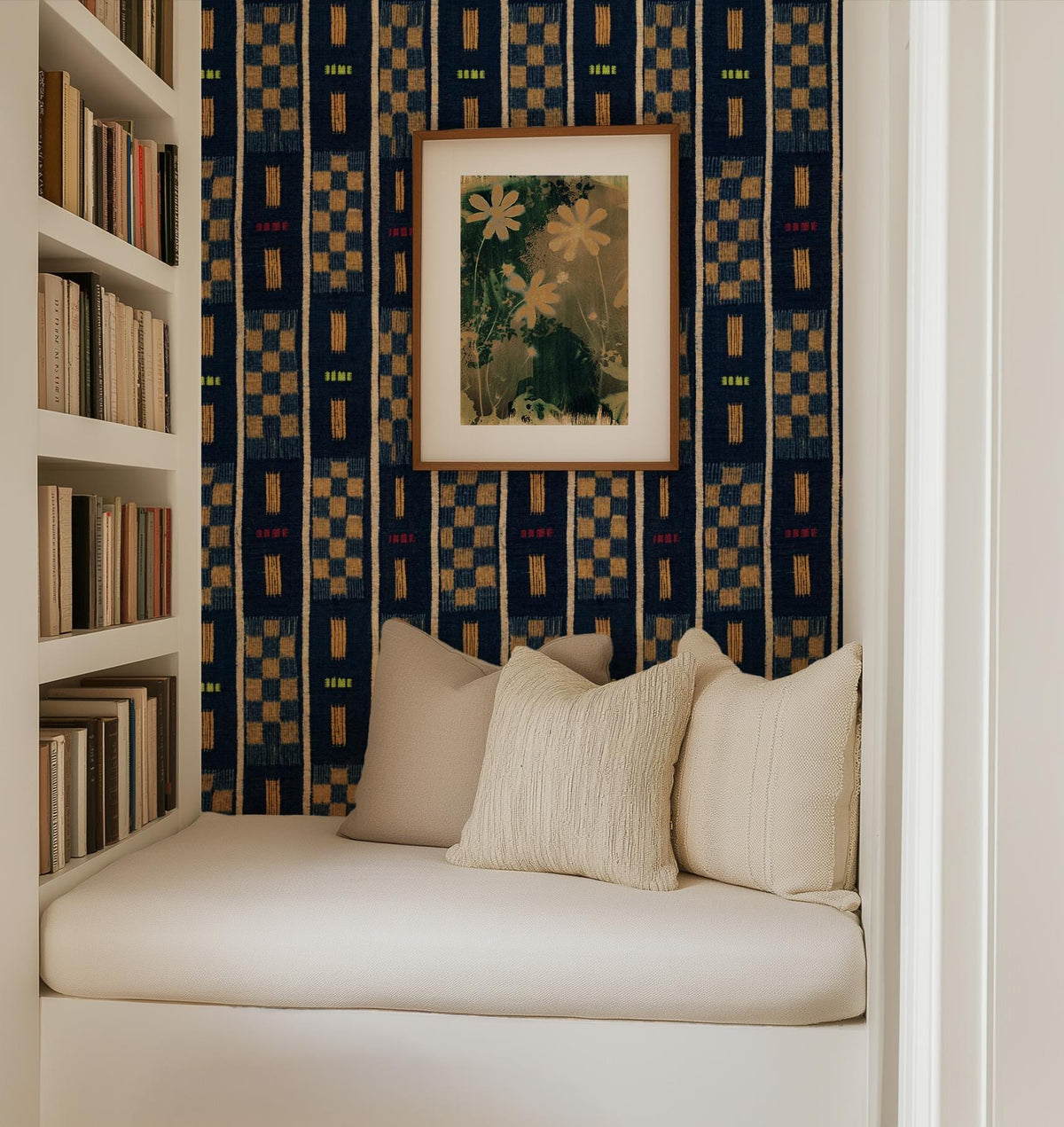 Indigo Baule checkered wallpaper in a reading nook, House of Anouar