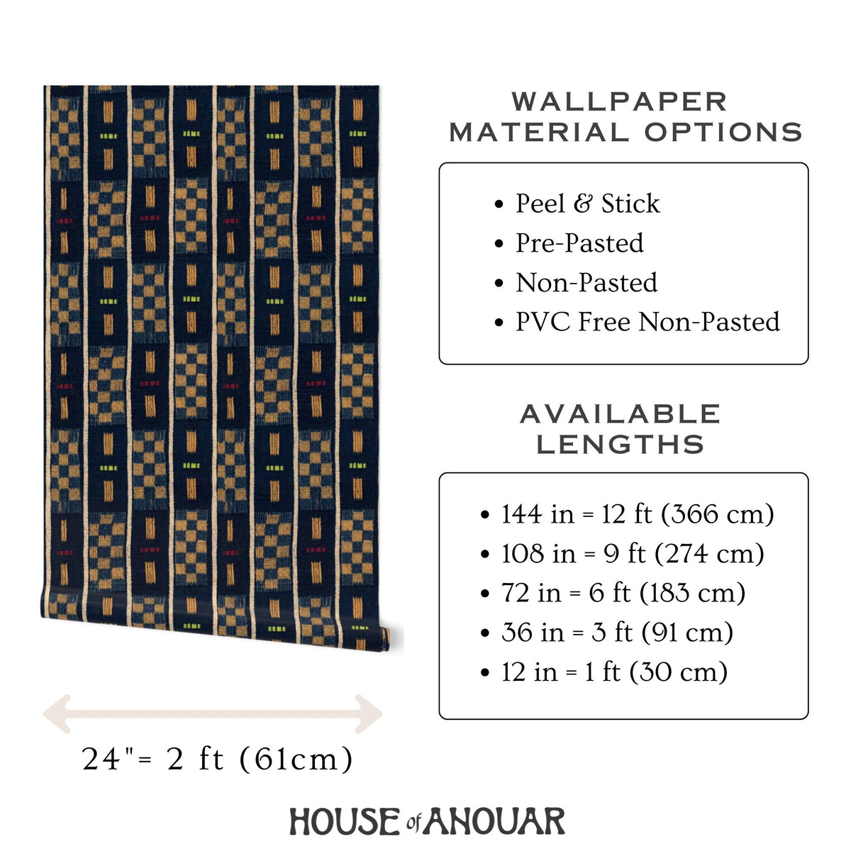 Indigo Baule checkered wallpaper material and panel-size options, House of Anouar