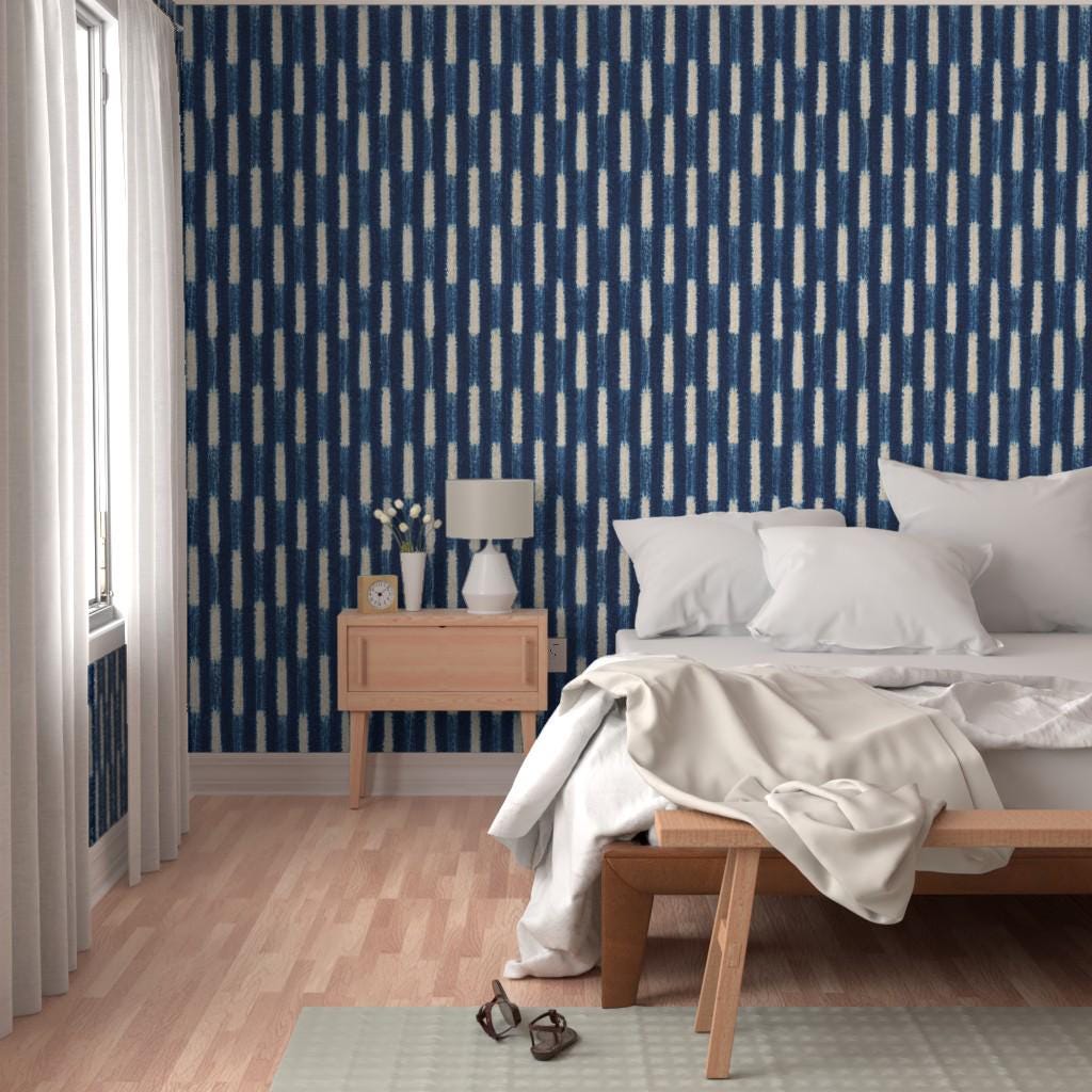 Indigo Baule strip-weave wallpaper in a bedroom, House of Anouar