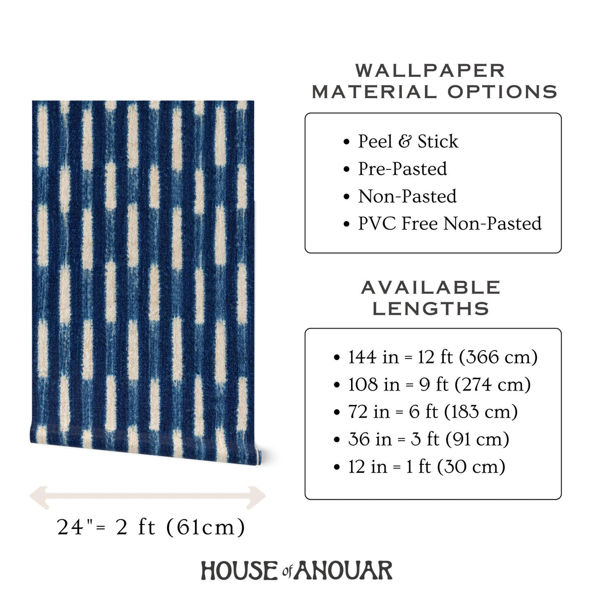 Indigo Baule strip-weave wallpaper material and panel-size options, House of Anouar