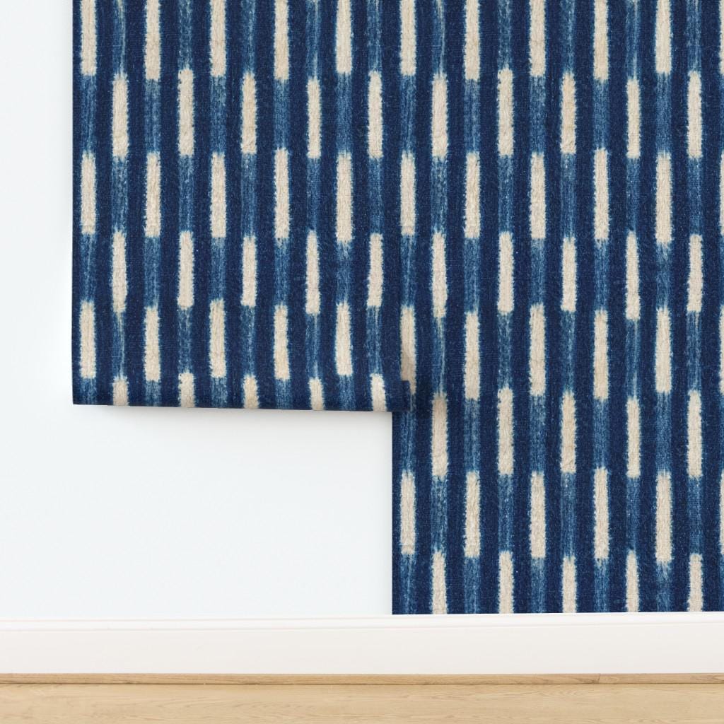Indigo Baule strip-weave wallpaper panel pattern close-up, House of Anouar
