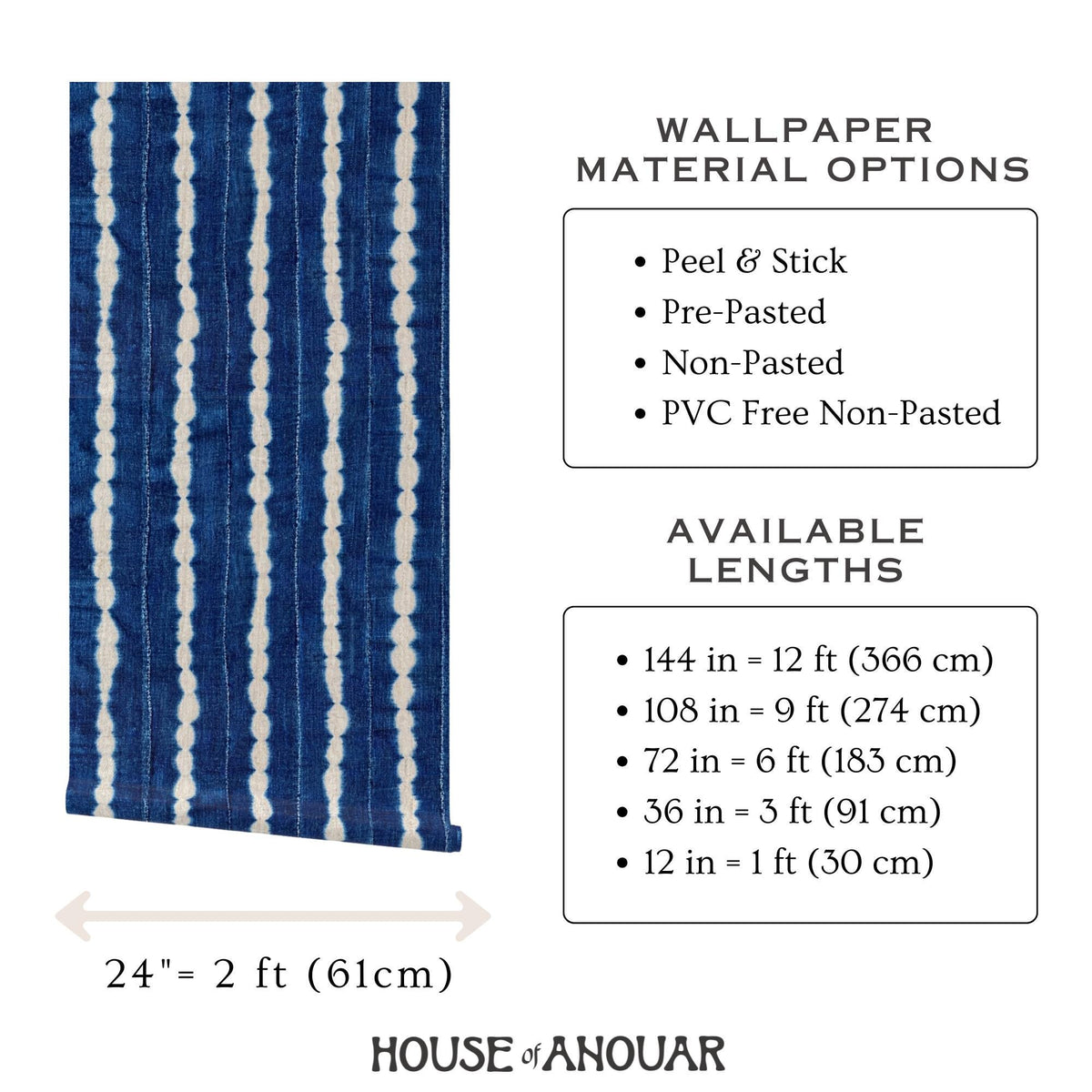 Indigo wavy-stripe wallpaper material and panel-size options, House of Anouar