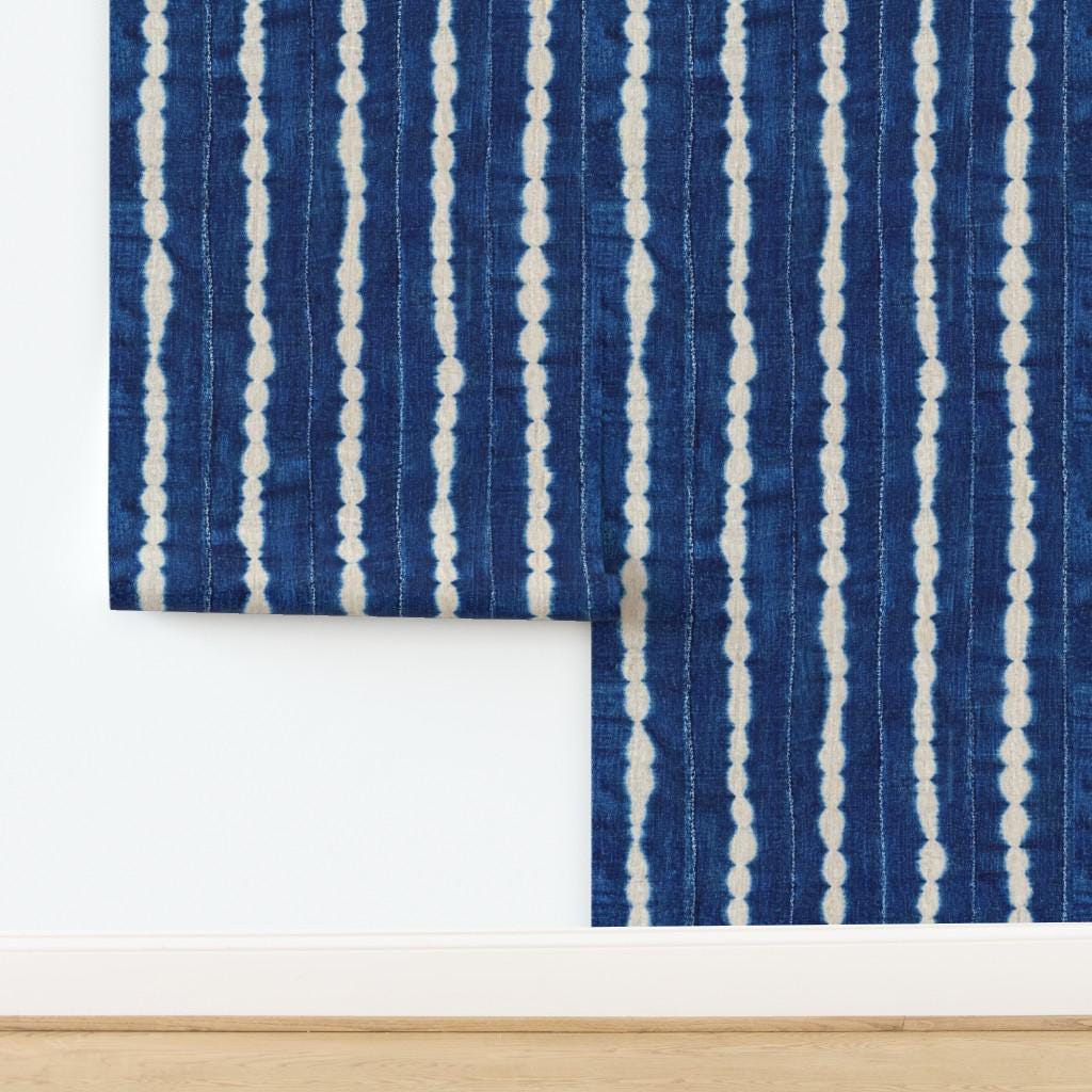 Indigo wavy-stripe wallpaper pattern close-up, House of Anouar