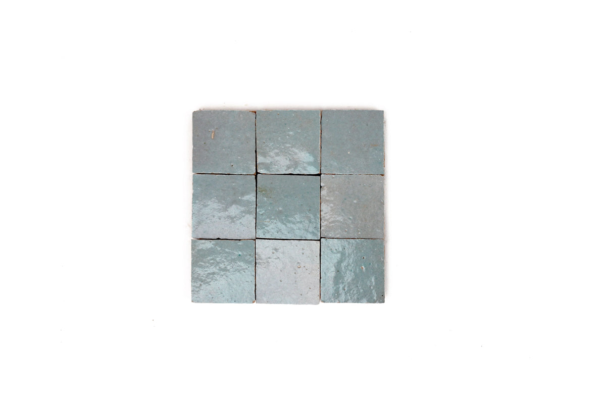 Light blue handmade Moroccan Zellige tiles with a glossy finish, House of Anouar