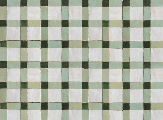 Light-green and cream basket-weave zellige tile pattern, House of Anouar