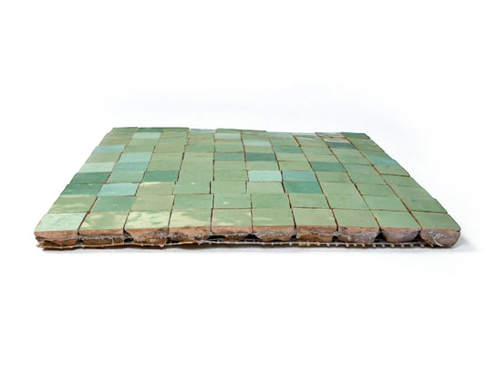 Light green square micro Zellige mosaic tile sheet in a 25cm panel, House of Anouar
