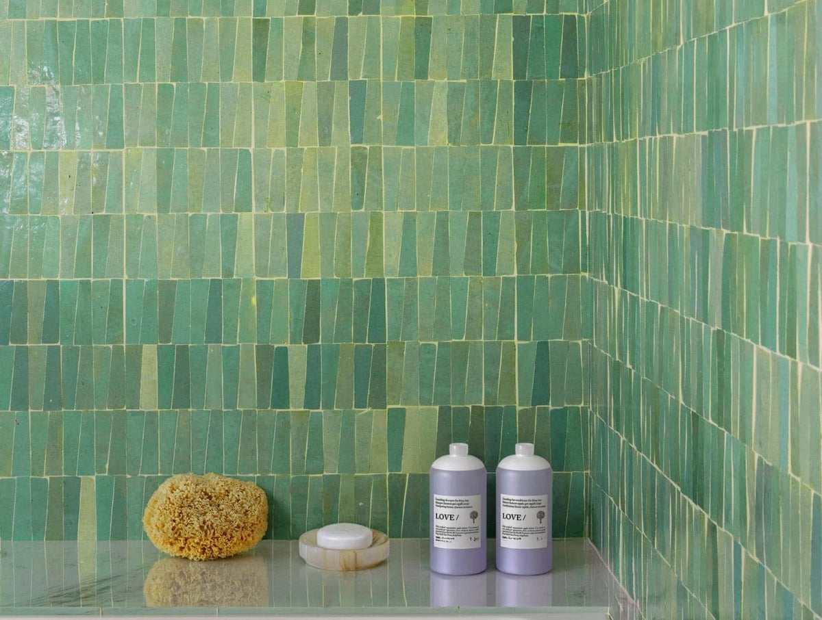 Light-green trapezoid zellige tile bathroom wall, House of Anouar
