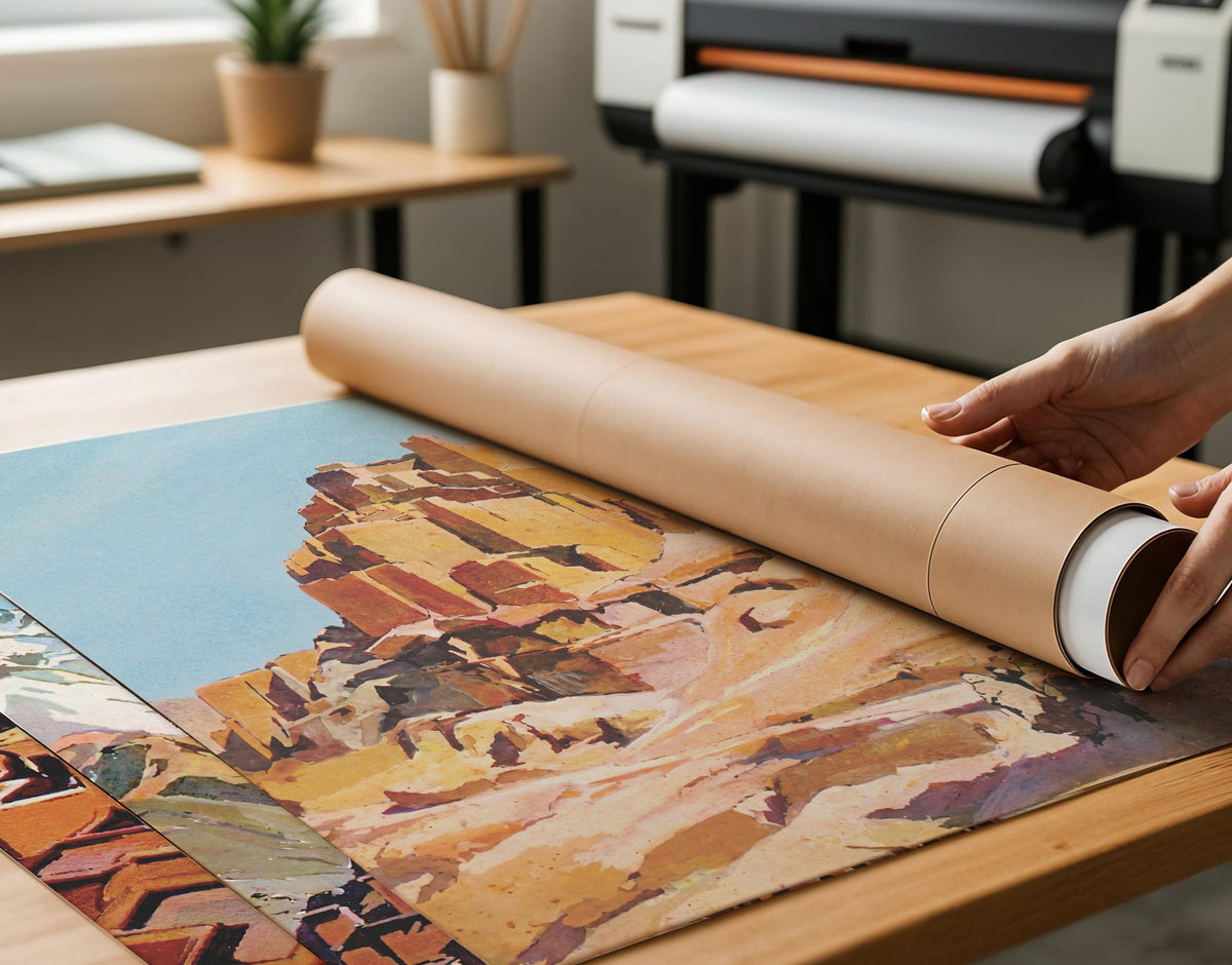 Moroccan landscape art print being unrolled on a table, House of Anouar