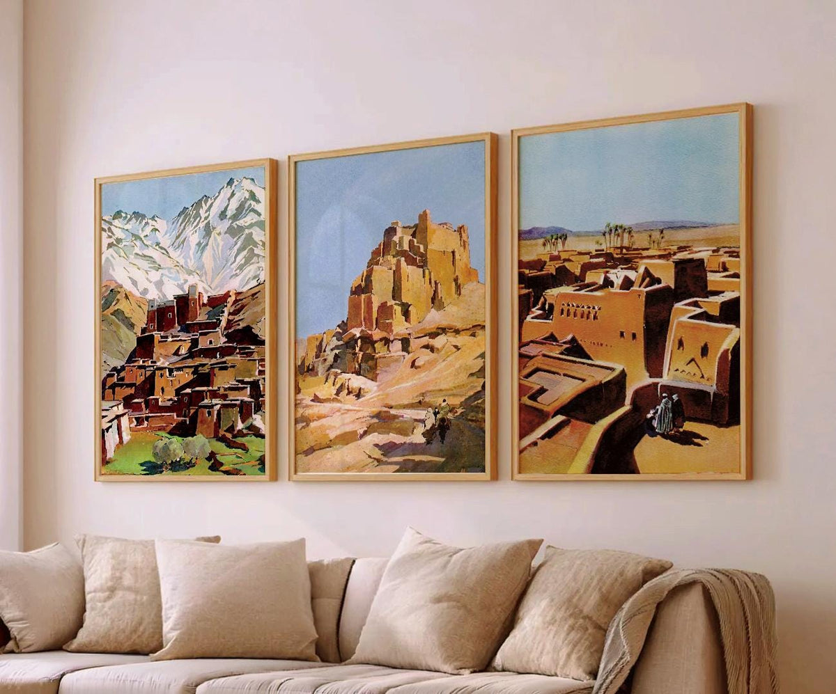 Moroccan landscape wall art triptych above a neutral sofa, House of Anouar
