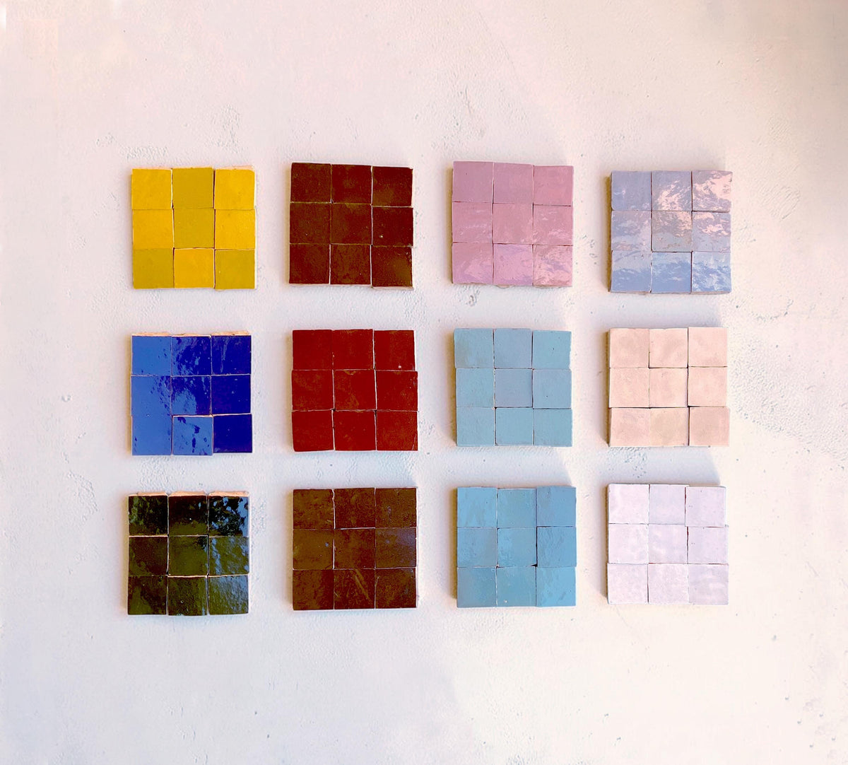 Moroccan zellige tile color samples arranged in a grid, House of Anouar
