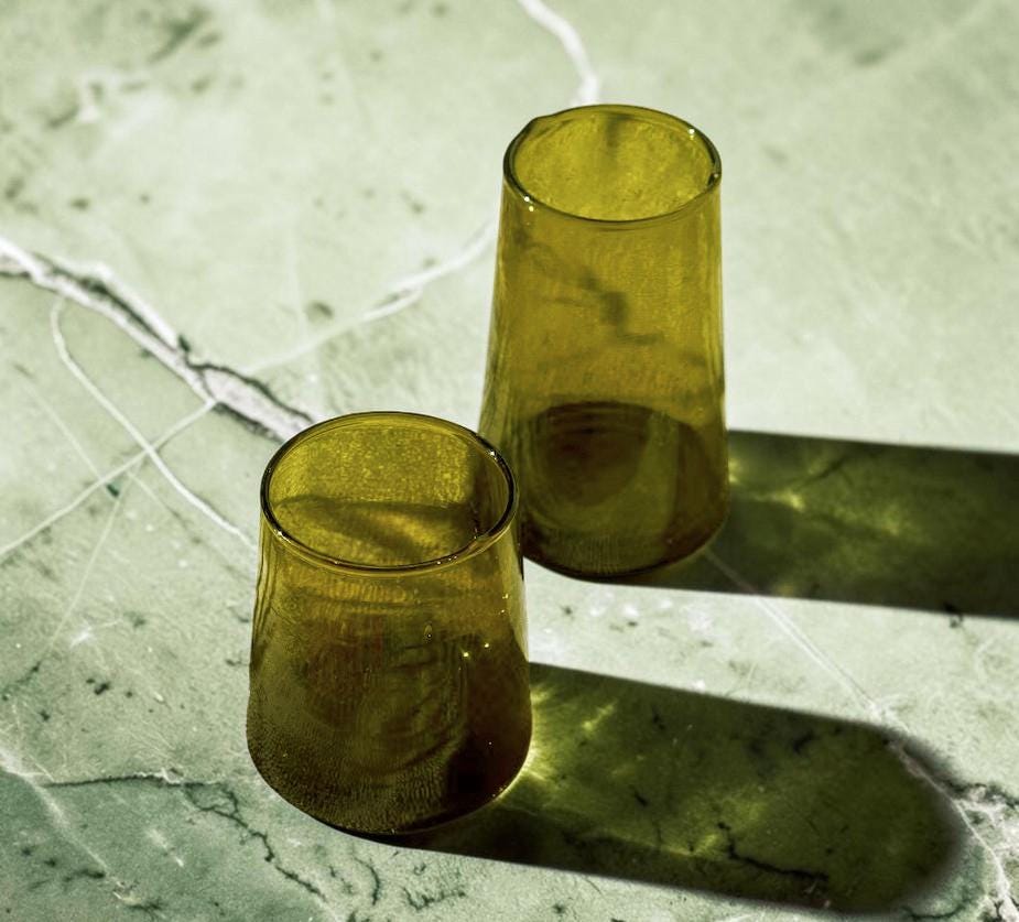 Olive-green Beldi glasses in short and tall sizes, House of Anouar