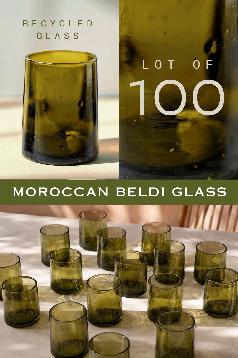 Olive-green Beldi glassware bulk set of 100 product card, House of Anouar