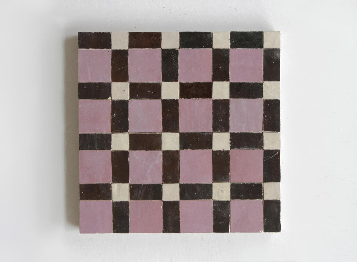 Pink and brown basket-weave zellige mosaic tile panel, House of Anouar