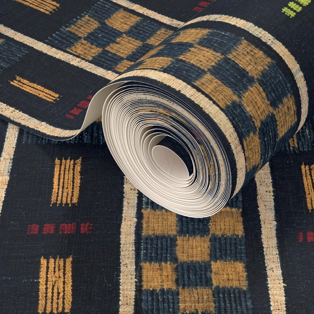 Roll of indigo Baule checkered textile-inspired wallpaper, House of Anouar