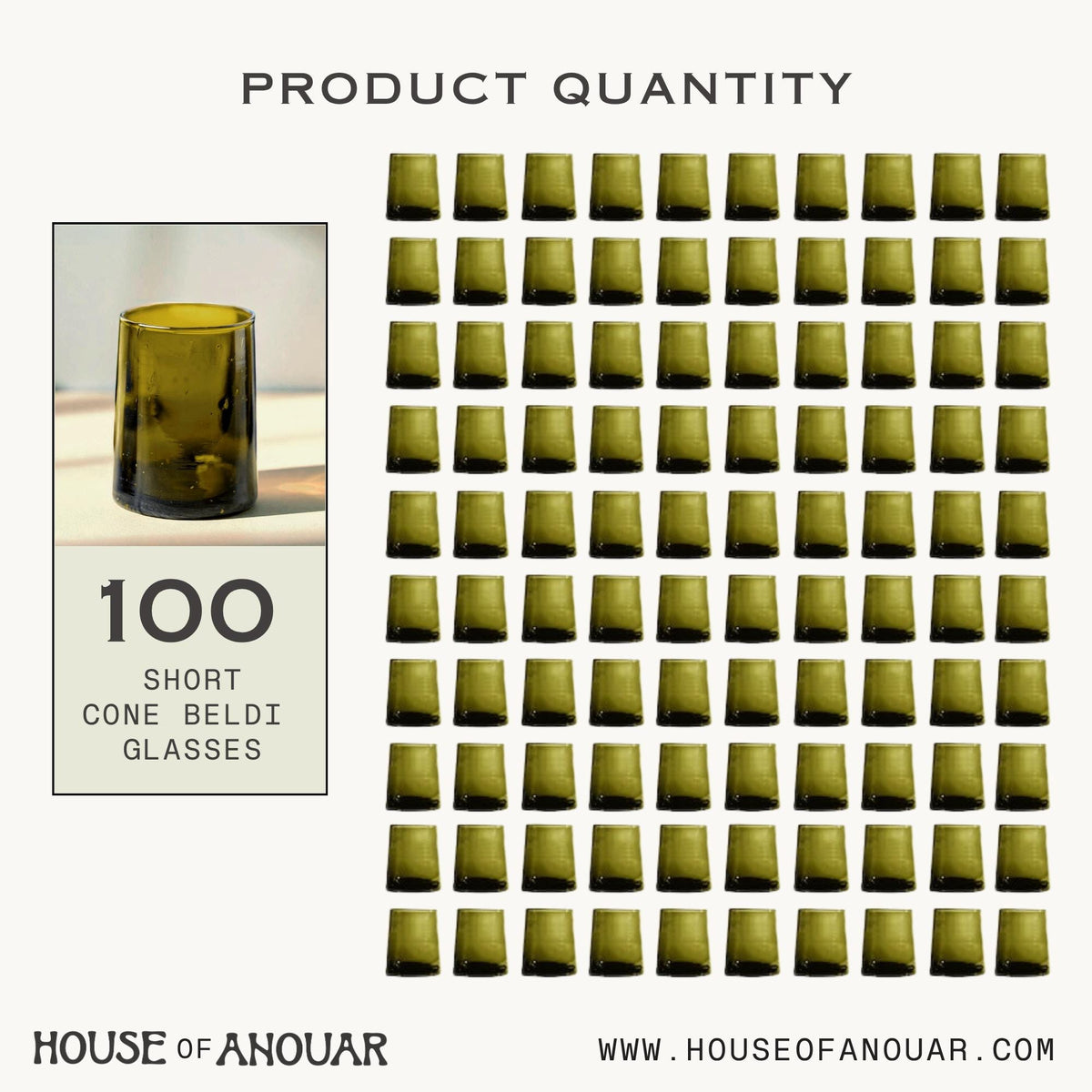 Set of 100 olive-green Beldi glasses quantity guide, House of Anouar