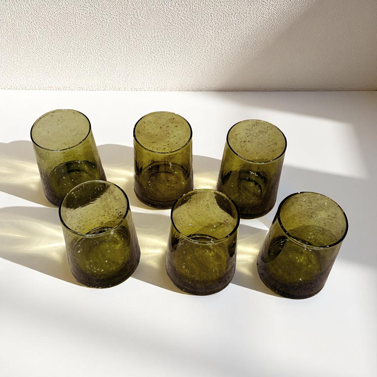 Set of 6 olive green handcrafted recycled Moroccan Beldi drinking glasses, House of Anouar